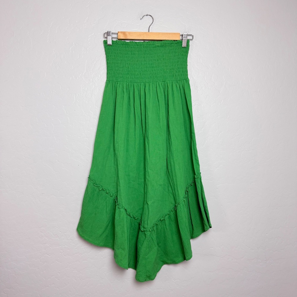 Wild Fable Green Cotton Gauze Smocked Waist High Low Ruffle Hem Skirt